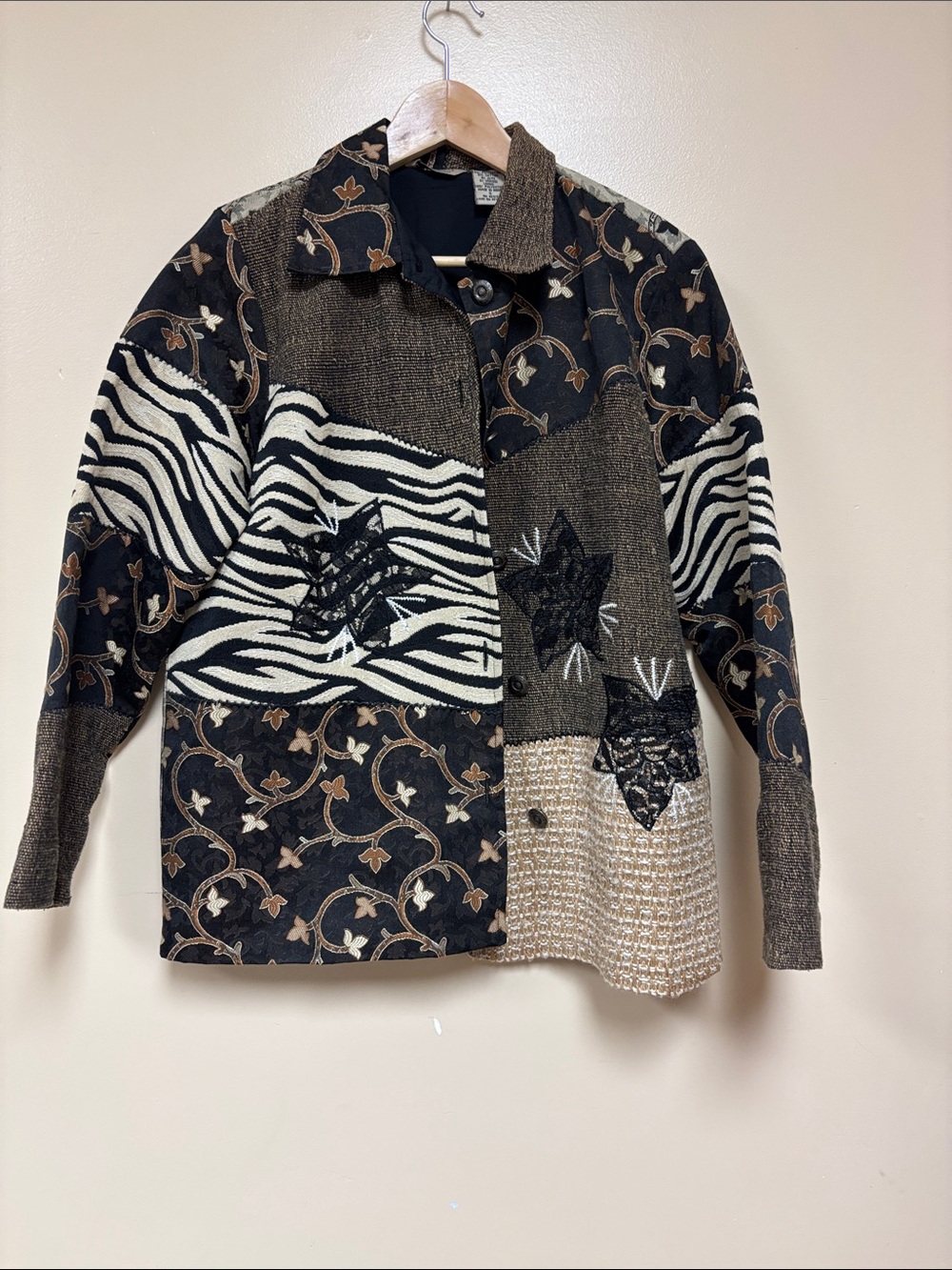 Mixed-Print Patchwork Button-Up Jacket in Black, Cream & Brown